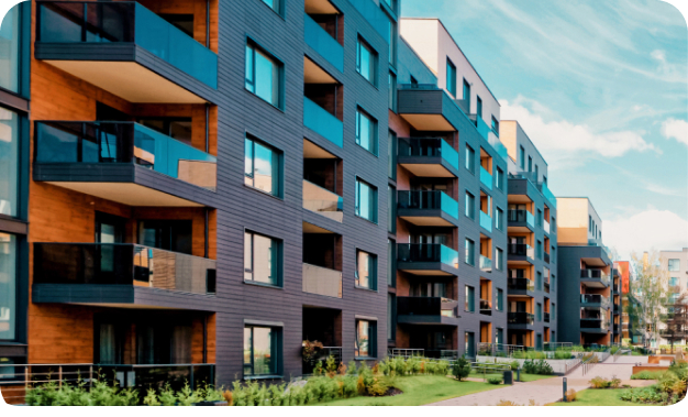 Contemporary apartment buildings with landscaped grounds
