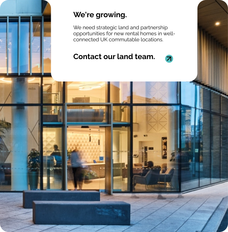 Modern glass lobby courtyard at dusk with land team call to action