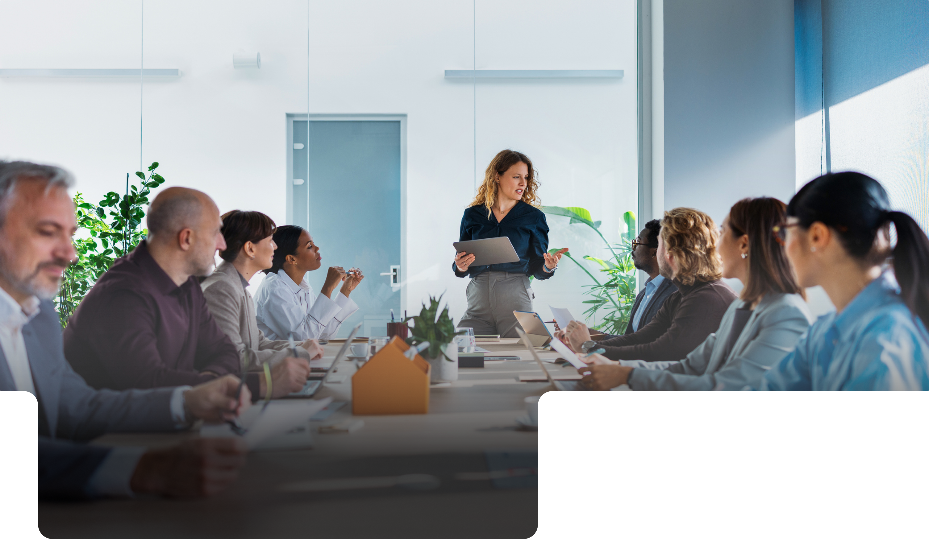 Team meeting in a modern glass-walled office