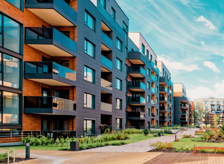 Modern apartment buildings with landscaped courtyard